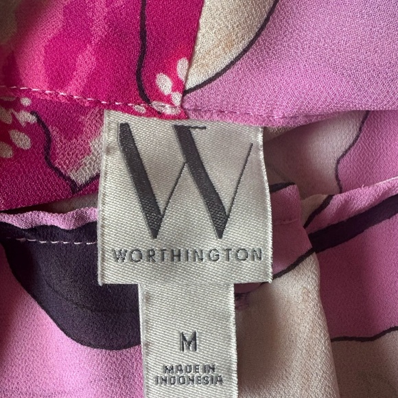 WORTHINGTON pink & fuschia maximalist floral blouse with neck tie women’s medium - Picture 11 of 12